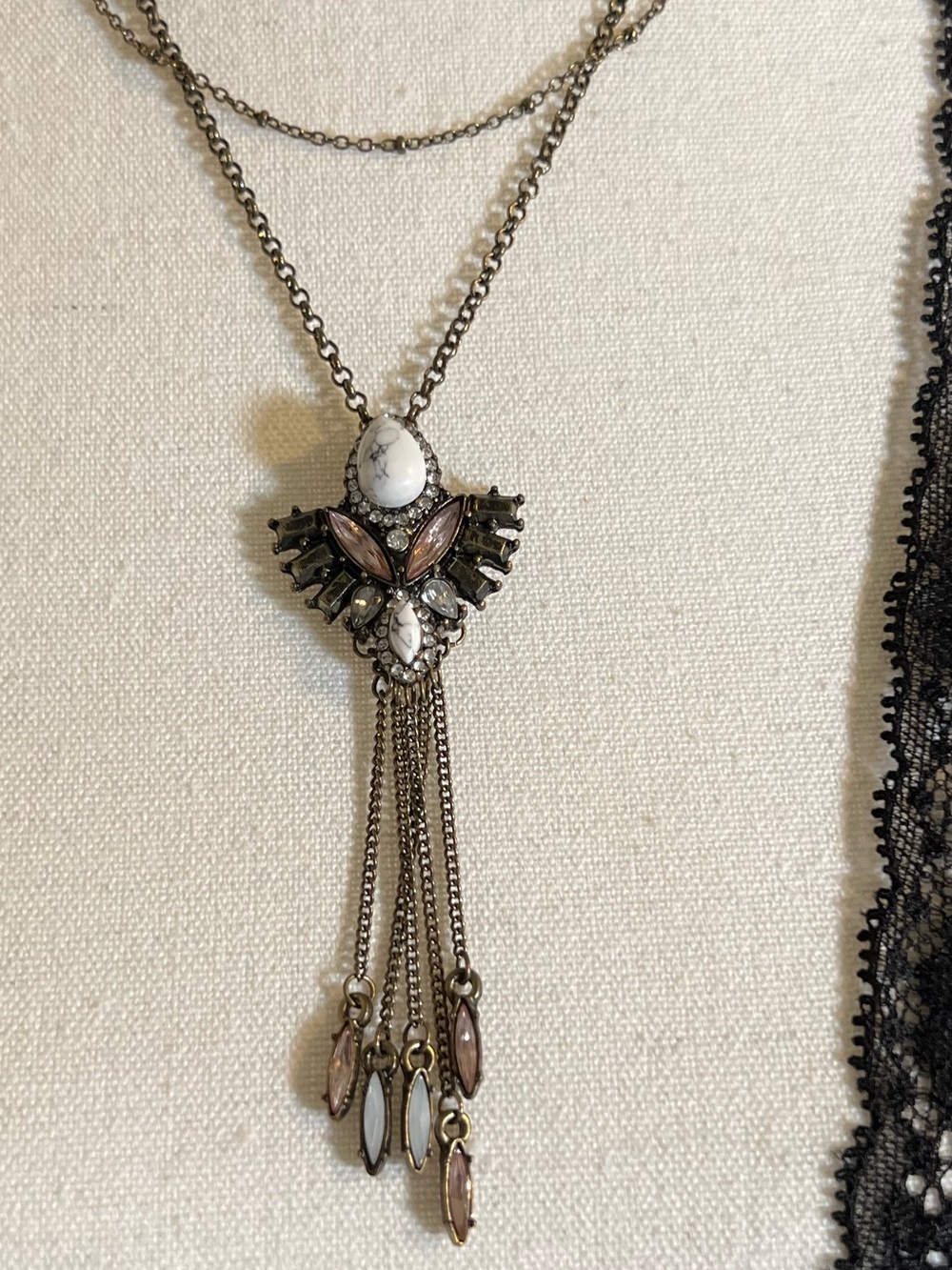 Layered Antique Silver-tone Pendant Necklace with White and Mauve Accents
